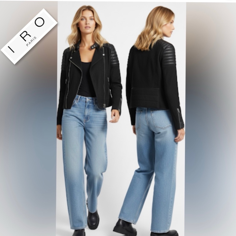 IRO Leon Black Lamb Suede Leather Details Asymmetrical Moto Biker Jacket Size S